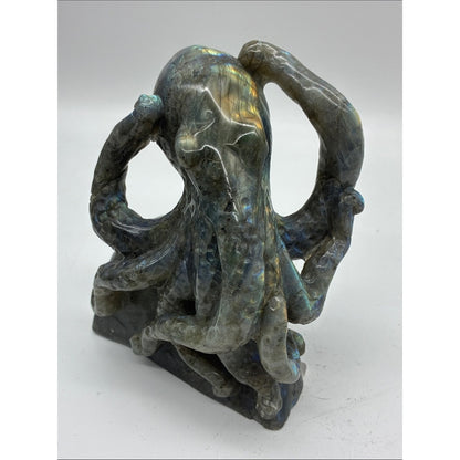Hand-Carved Labradorite Octopus Sculpture - Iridescent Blue-Green ROCK