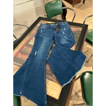 Lucky & Blessed Dark Blue Denim Flare Maxi Jeans plus size