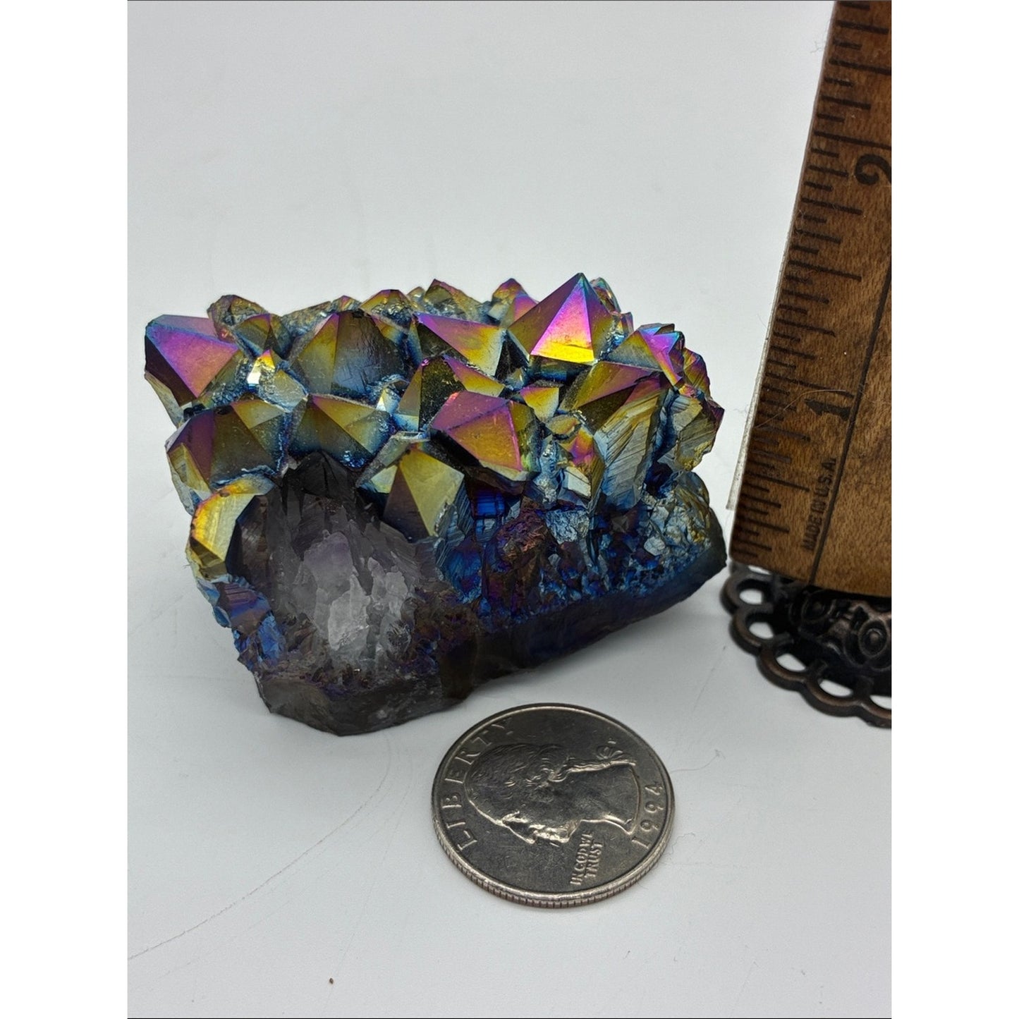 Iridescent Titanium Aura Quartz Crystal Cluster - Blue, Gold, Purple Rock