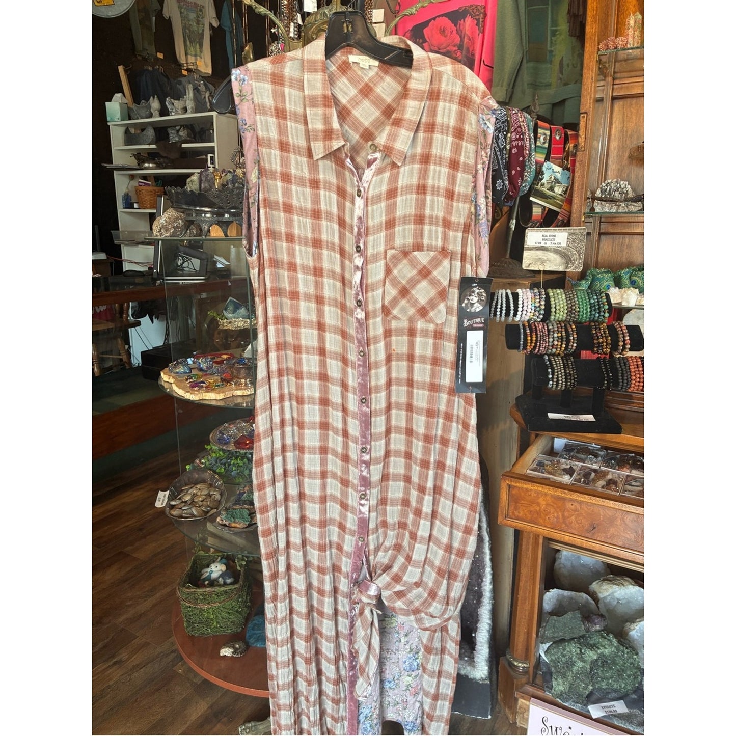 ODDY Sleeveless Plaid Maxi Dress in Dusty Rose & Cream