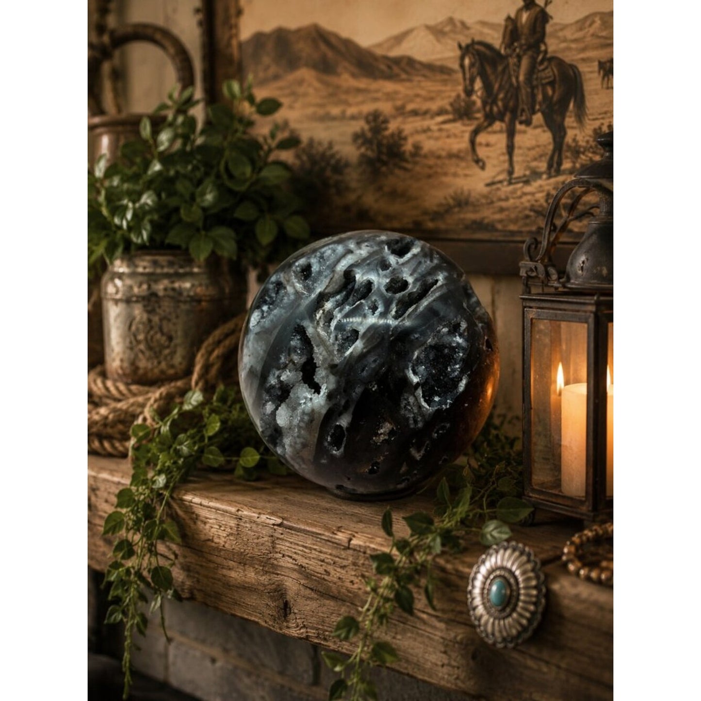 Polished Black and White Agate Crystal Sphere Rock