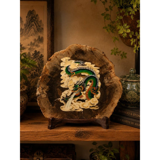 Green Chinese Dragon Decorative Petrified Wood Plaque Rock