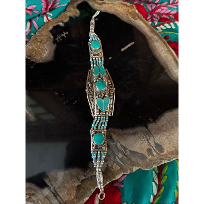 Turquoise Silver-Tone Beaded Statement Bracelet