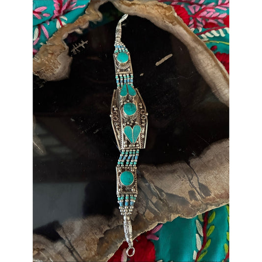 Turquoise Silver-Tone Beaded Statement Bracelet