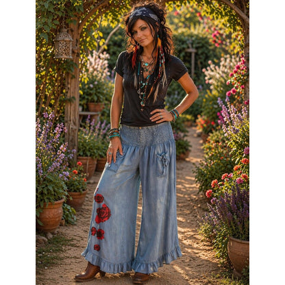 Light Blue Floral-Accent Wide Leg Smocked Waist Pants