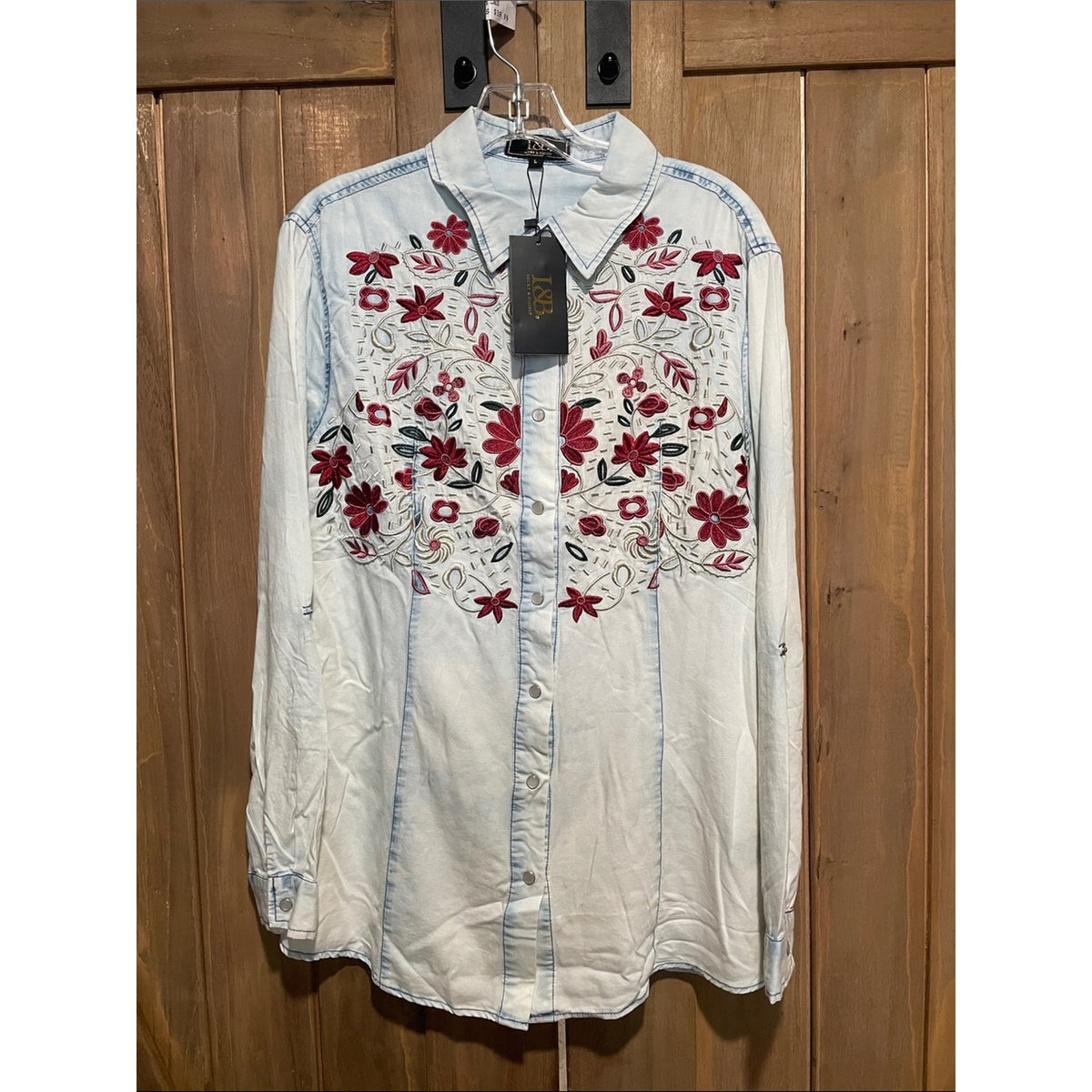Lucky & Blessed Light Wash Denim Button-Down with Red Floral Embroidery