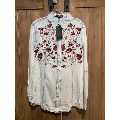 Lucky & Blessed Light Wash Denim Button-Down with Red Floral Embroidery