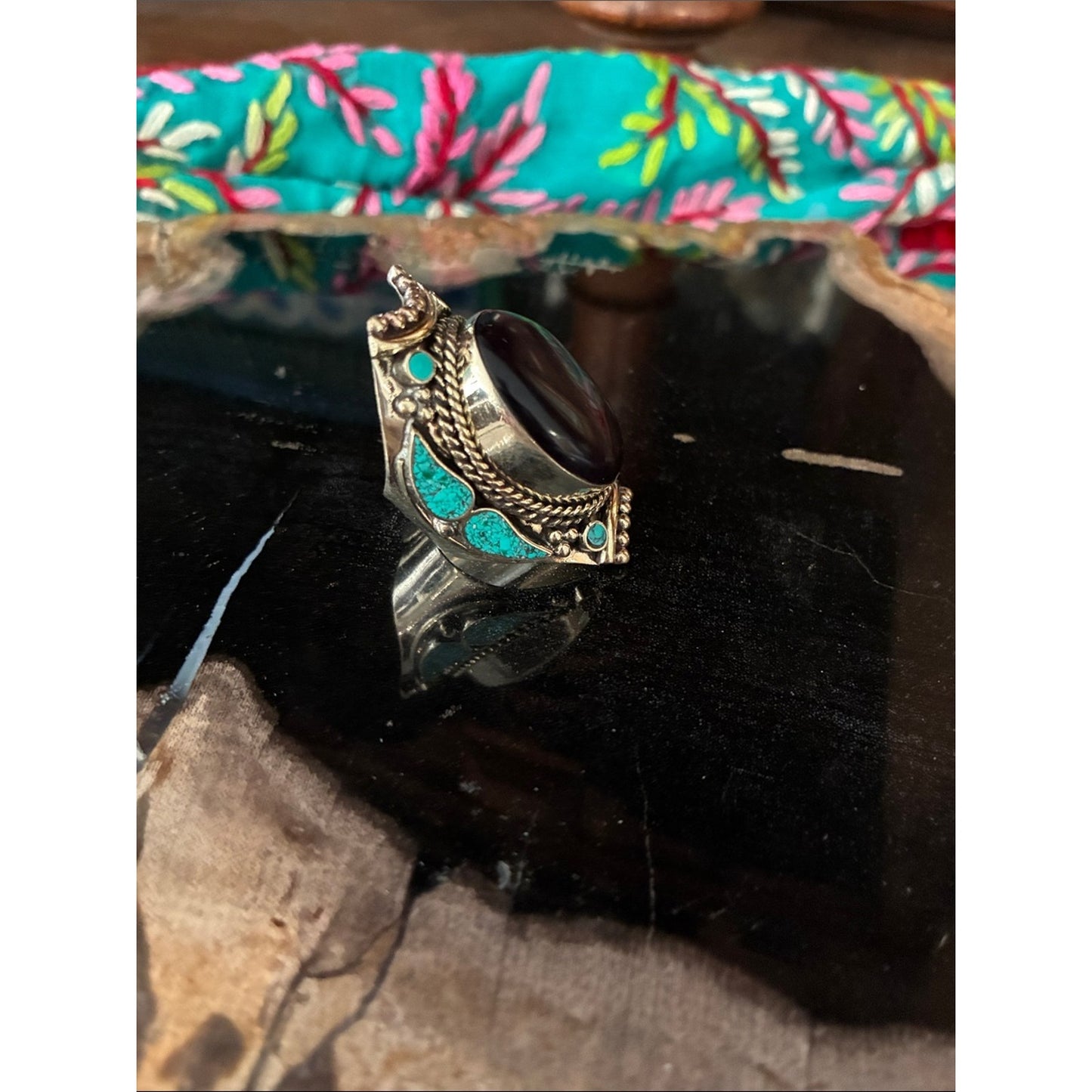 Silver-Style Black Stone and Turquoise Accent Ring - Boho Women Jewelry