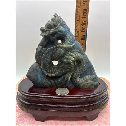 Labradorite Dragon Sculpture - Iridescent Blue-Green Stone Rock