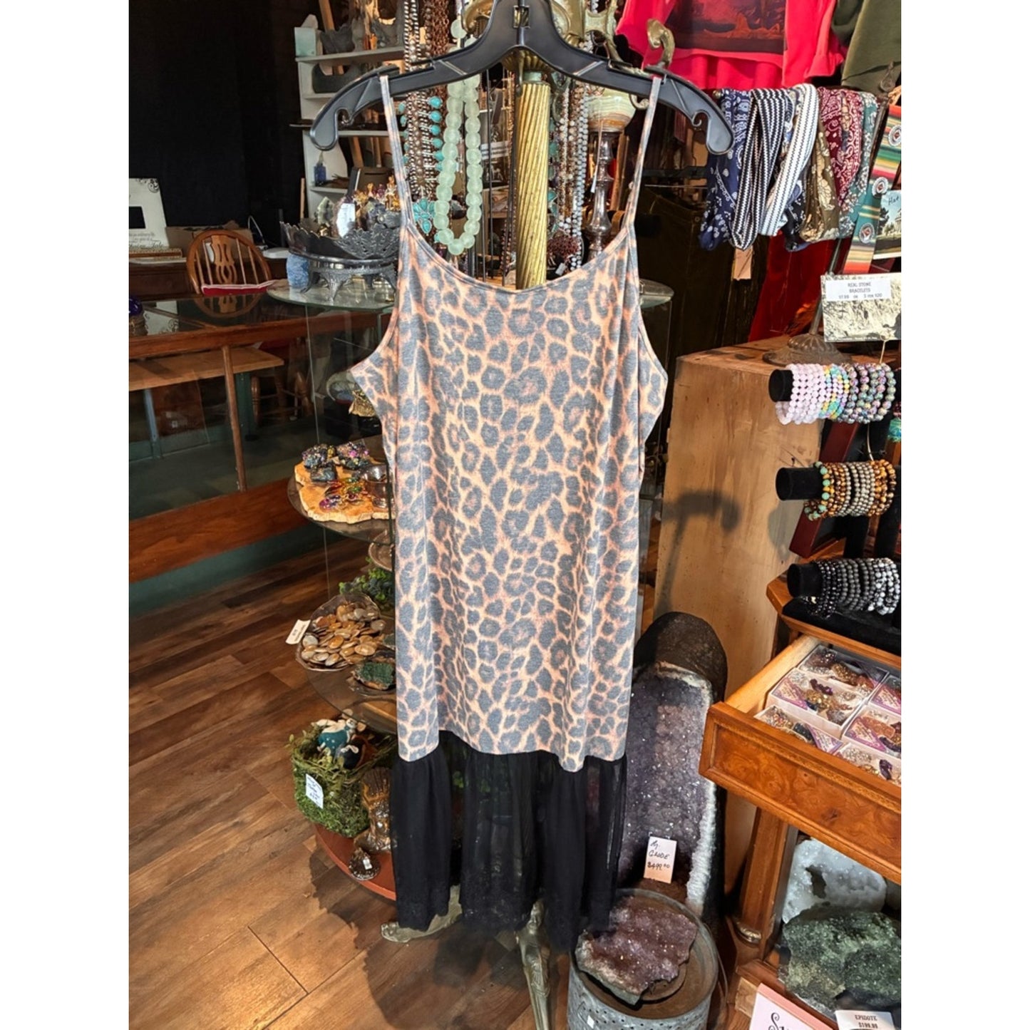 Lucky & Blessed Leopard Print Mini Dress with Black Sheer Hem