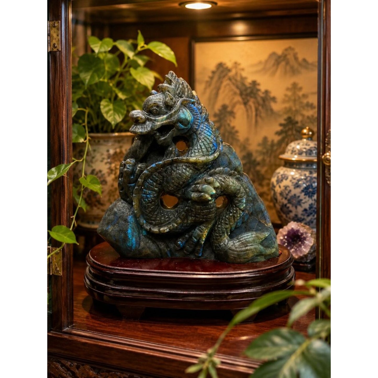 Labradorite Dragon Sculpture - Iridescent Blue-Green Stone Rock