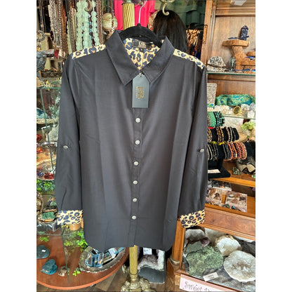 L&B Black Button-Down Shirt with Leopard Trim Accents