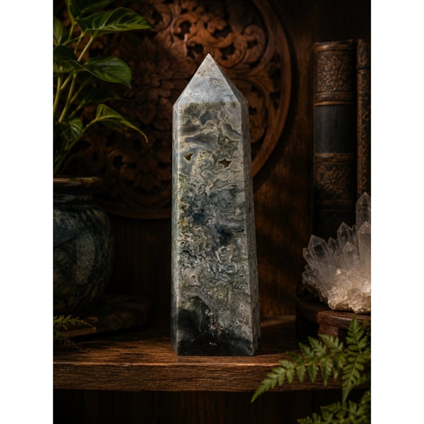 Moss Agate Crystal Point - Green Gray Tower Rock