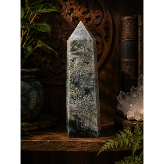 Moss Agate Crystal Point - Green Gray Tower Rock