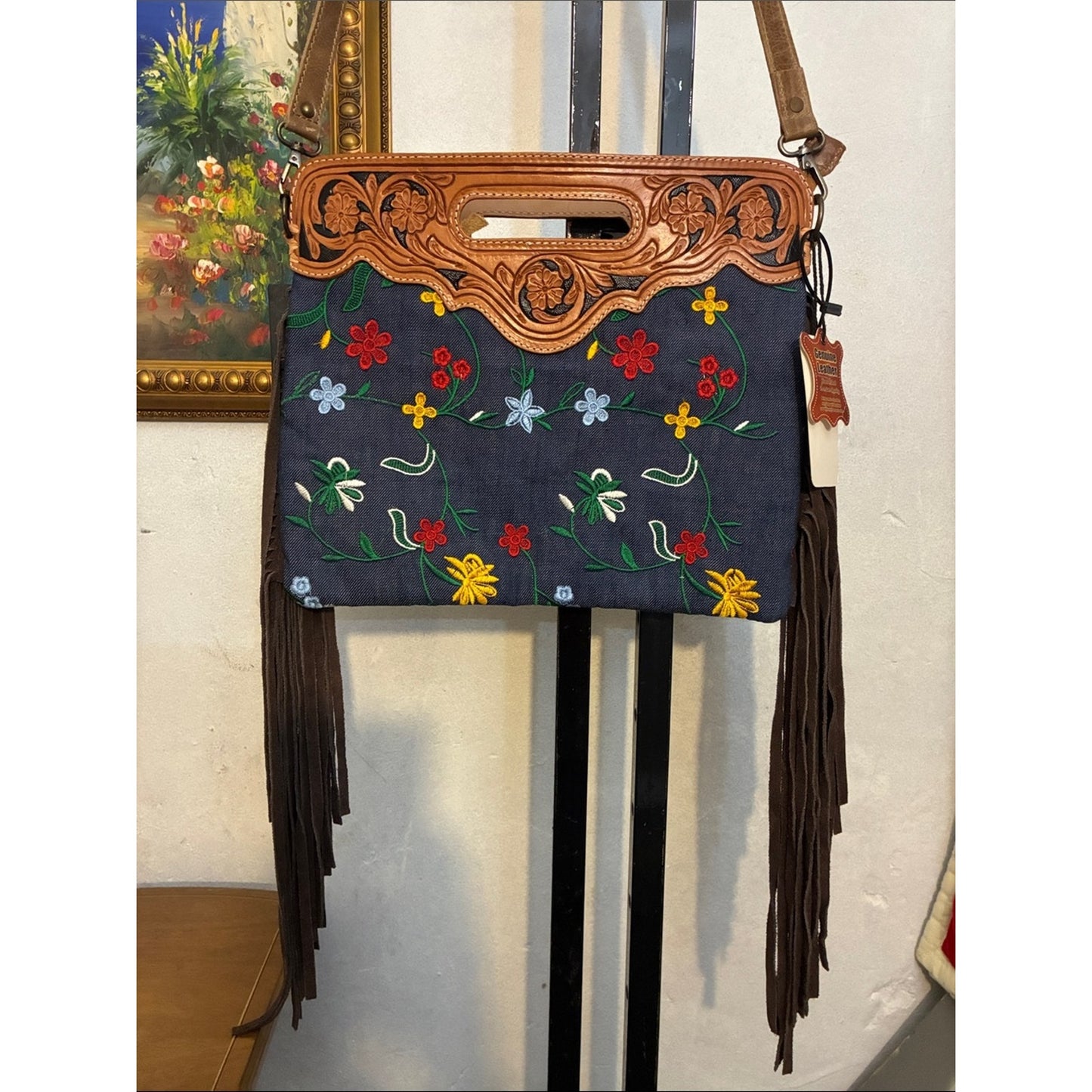 Embroidered Navy Crossbody Bag with Brown Leather Trim