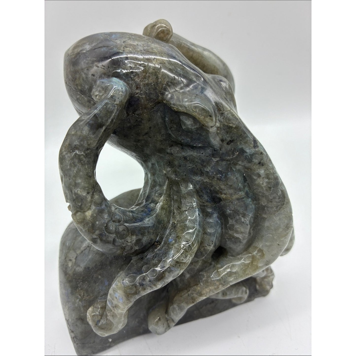 Hand-Carved Labradorite Octopus Sculpture - Iridescent Blue-Green ROCK