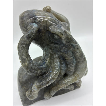Hand-Carved Labradorite Octopus Sculpture - Iridescent Blue-Green ROCK