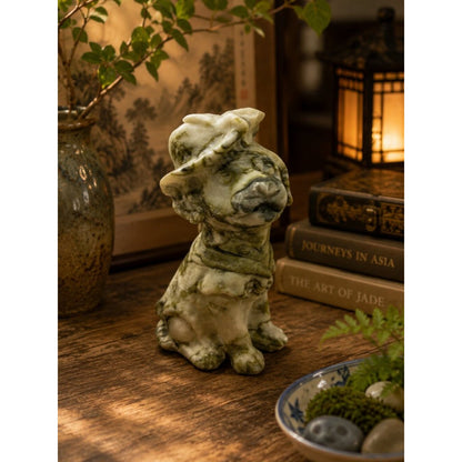 Marbled Green and White Jade Sitting Dog Figurine Rock