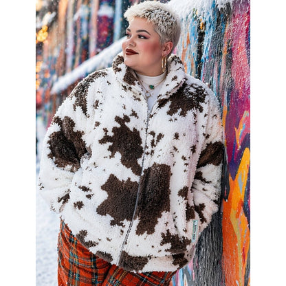 Cozy Cow Print Fleece Jacket