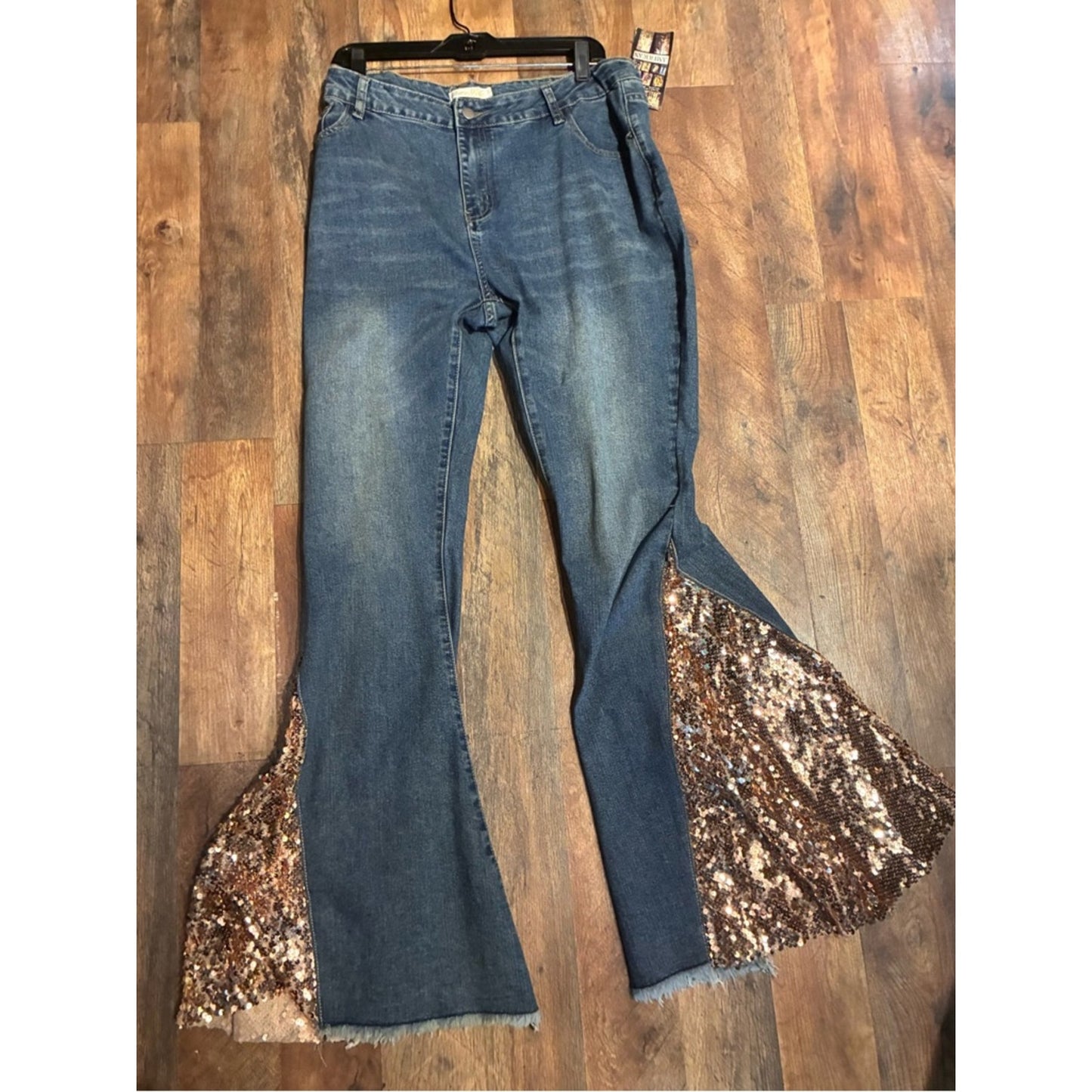 Blue Denim Flare Jeans with Bronze Sequin Insets