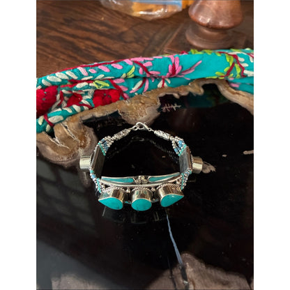 Turquoise Stone Beaded Silver Bracelet - Women Jewelry