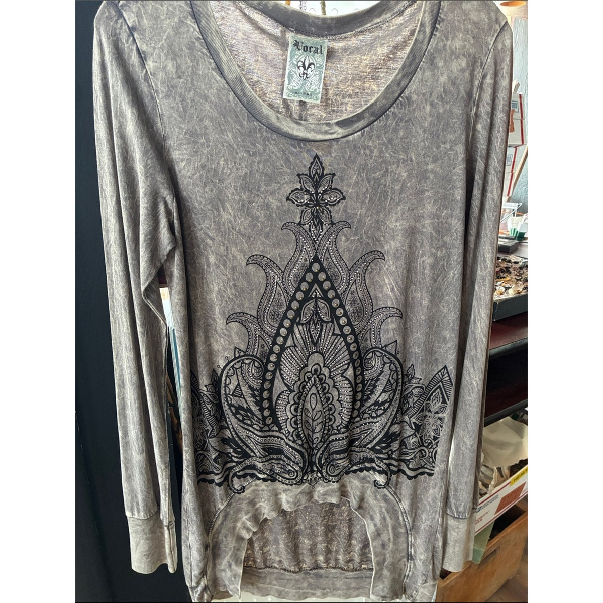Vocal Washed Gray Long-Sleeve Tunic with Black Medallion Print