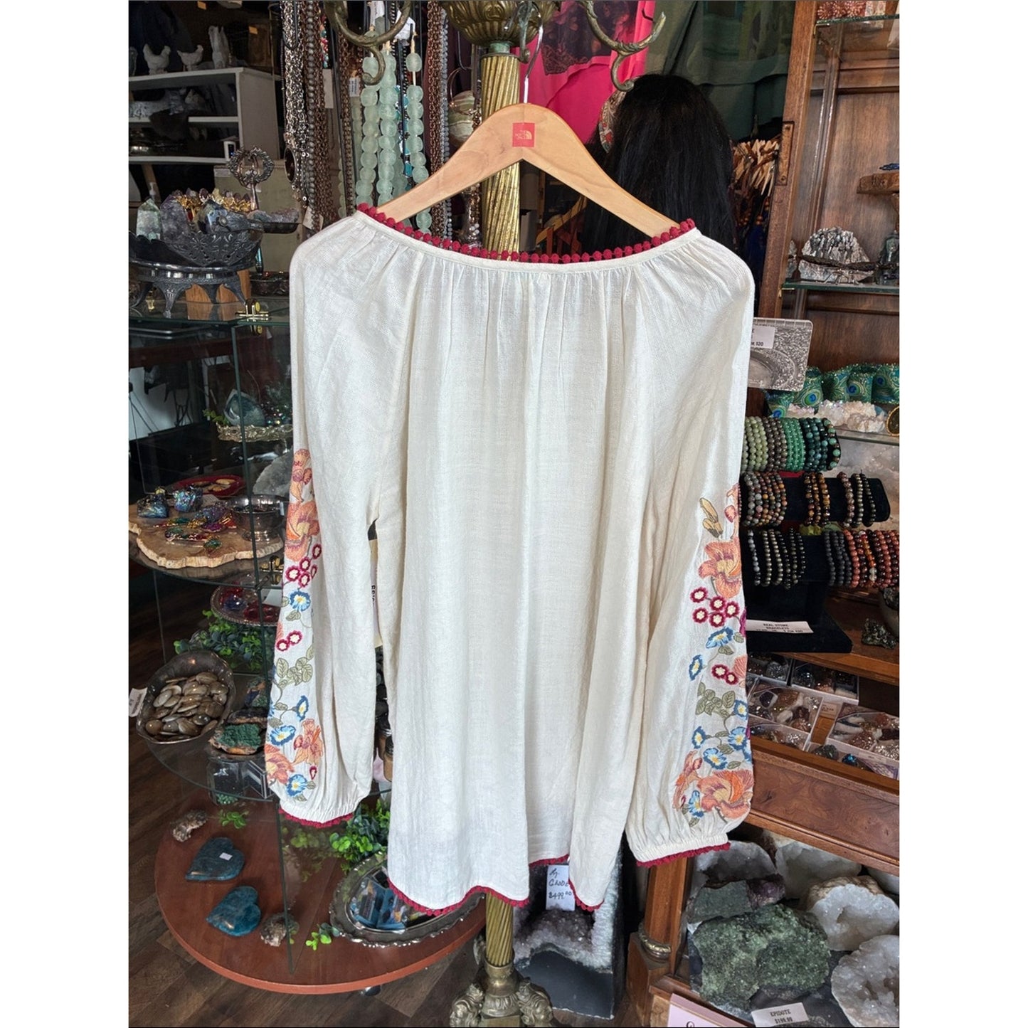 Sundance Ivory Tunic with Pink Trim and Multicolor Floral Embroidery