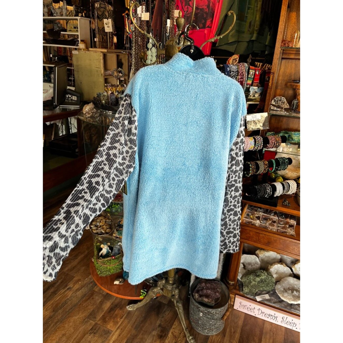 Lucky & Blessed Fuzzy Blue Silver Sparkle Leopard Print Front Zip Jacket