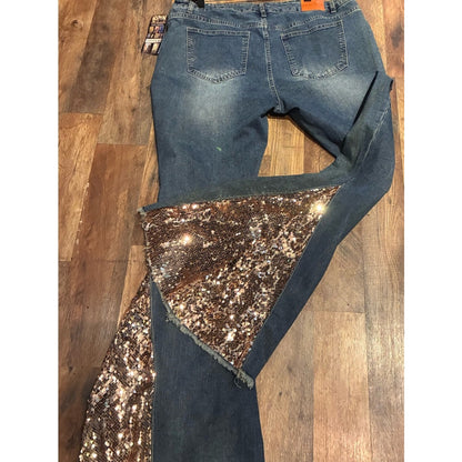 Blue Denim Flare Jeans with Bronze Sequin Insets
