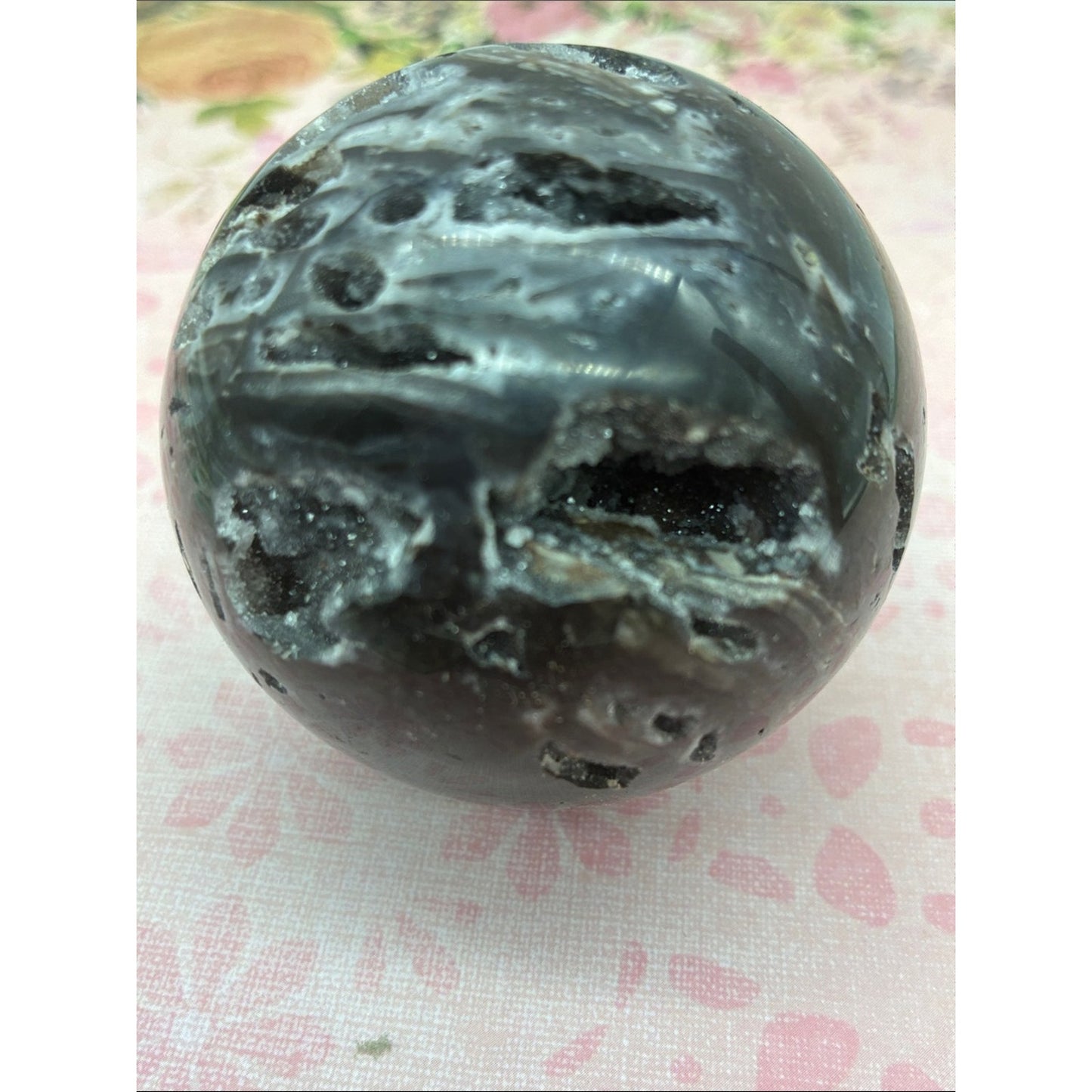 Polished Black and White Agate Crystal Sphere Rock