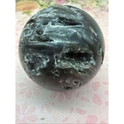 Polished Black and White Agate Crystal Sphere Rock