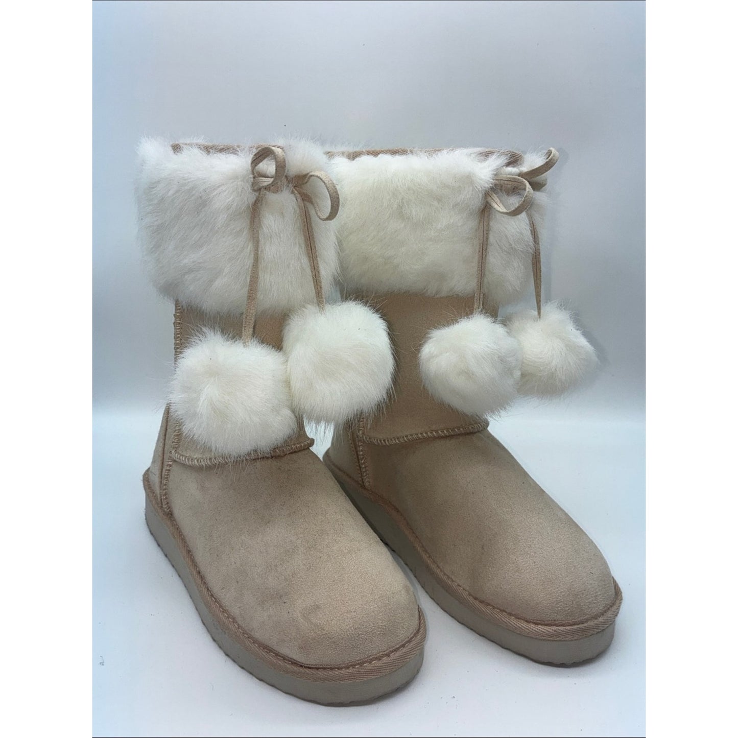 Cozy Faux Fur Pom Pom Winter Boots - Beige and Cream