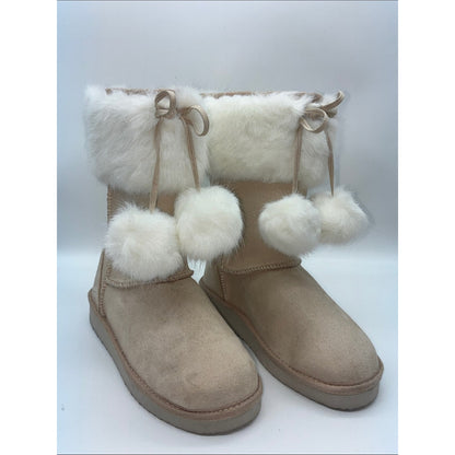 Cozy Faux Fur Pom Pom Winter Boots - Beige and Cream
