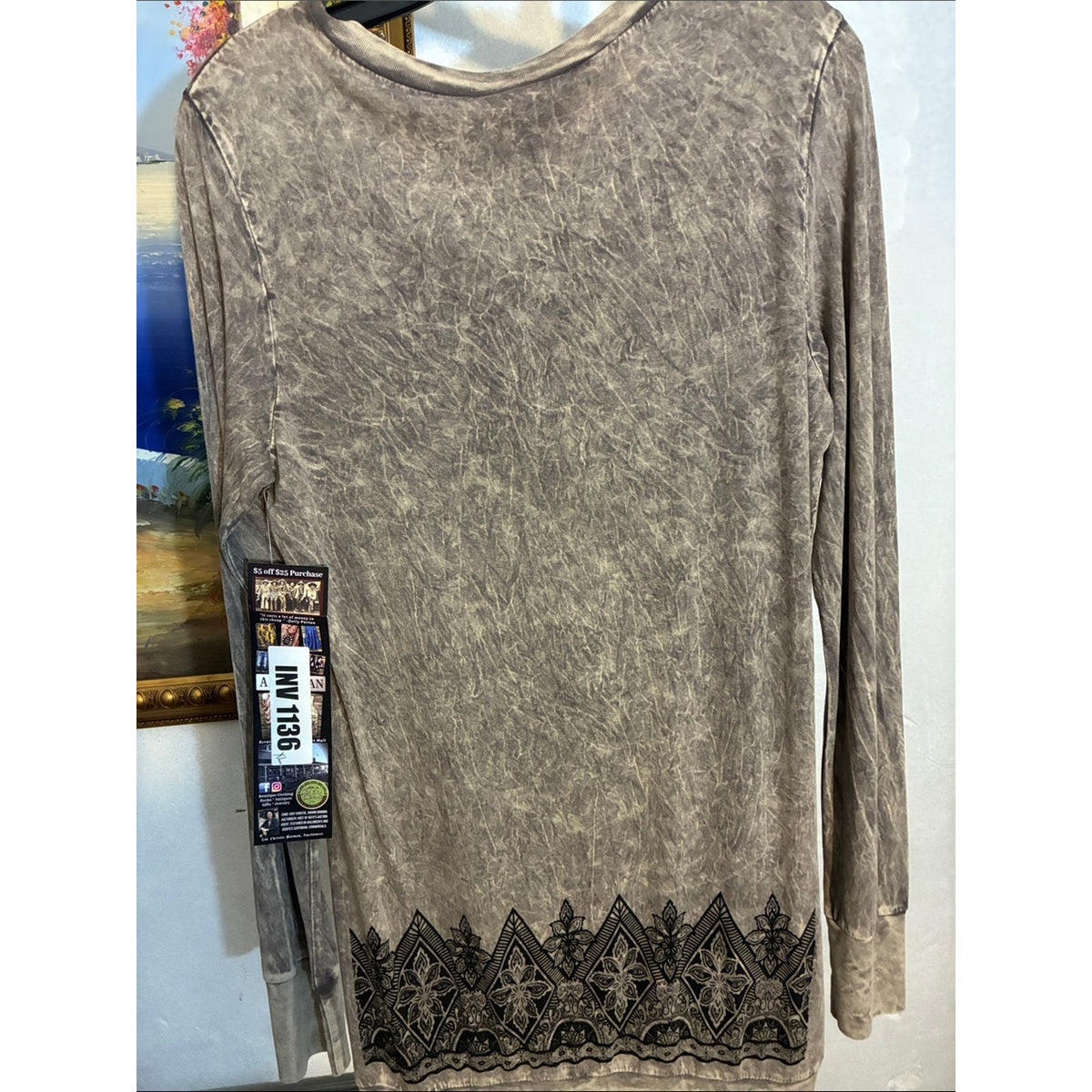 Vocal Washed Gray Long-Sleeve Tunic with Black Medallion Print
