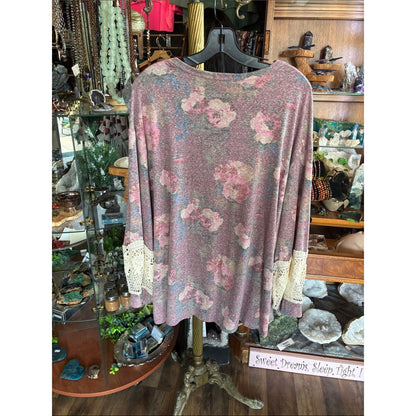Pink Floral Crochet-Sleeve Women's Top