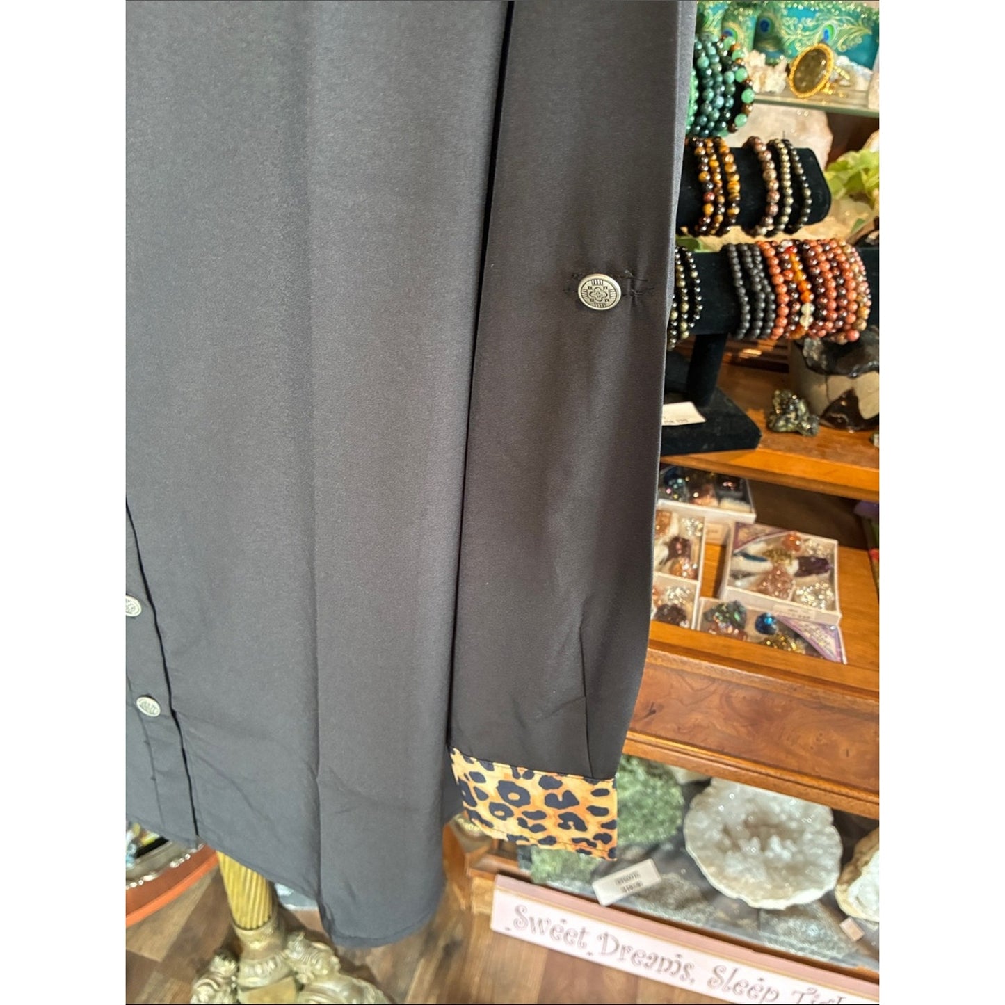 L&B Black Button-Down Shirt with Leopard Trim Accents