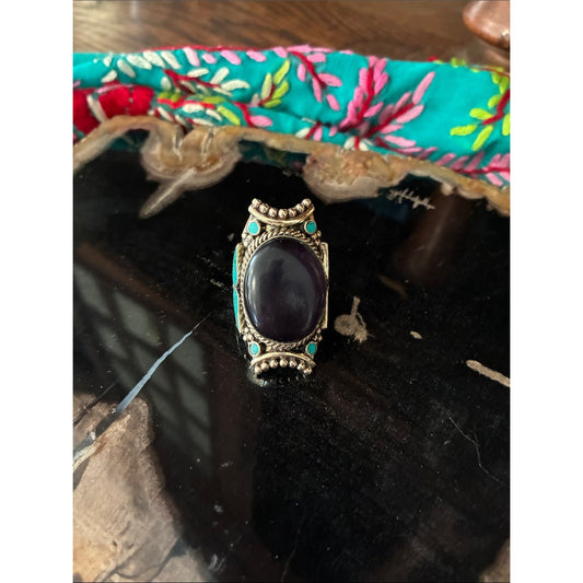 Silver-Style Black Stone and Turquoise Accent Ring - Boho Women Jewelry