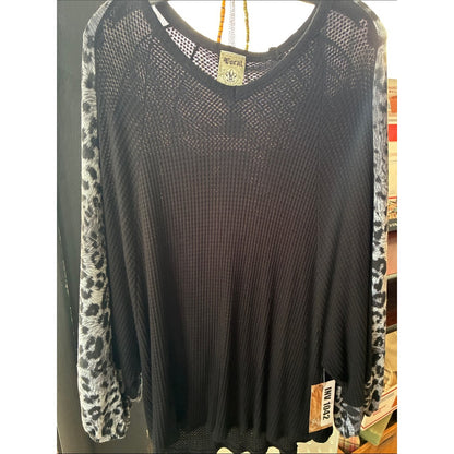 Vocal Black V-Neck Sweater with Gray Leopard Print Sleeves