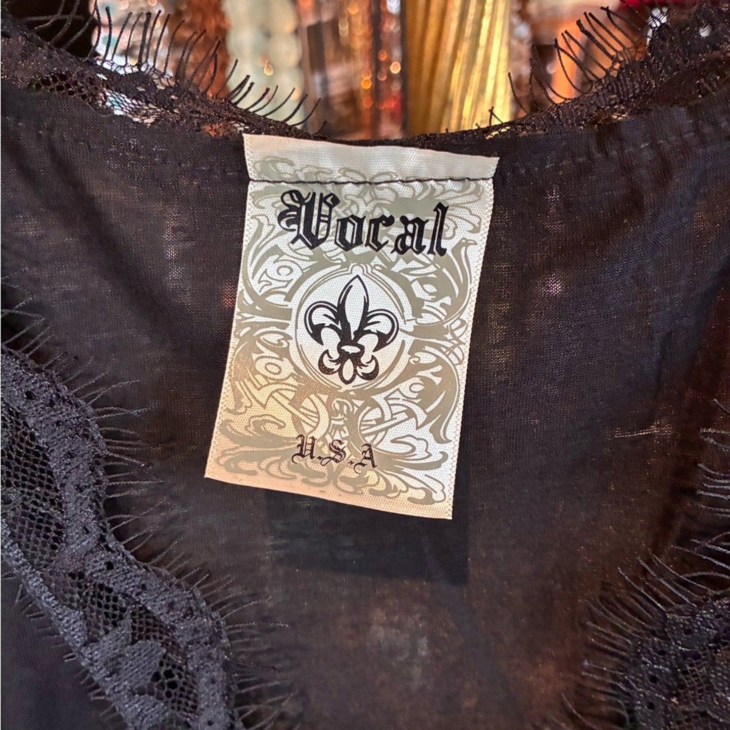 Vocal Black Lace-Trim Sleeveless Top with Sheer Detail