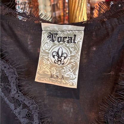 Vocal Black Lace-Trim Sleeveless Top with Sheer Detail