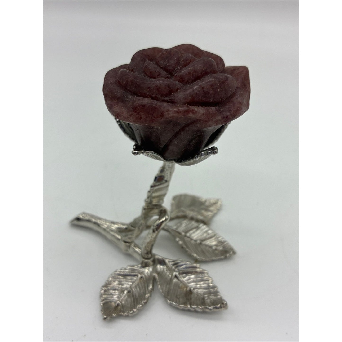 Carved Rose Sculpture on Silver-Tone Leaf Stem - Deep Mahogany Rock