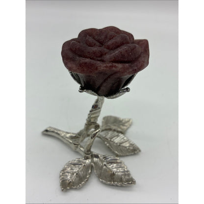 Carved Rose Sculpture on Silver-Tone Leaf Stem - Deep Mahogany Rock