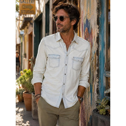 Men's Light Blue Western-Style Button-Up Shirt