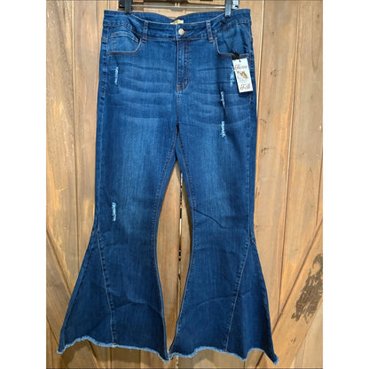 plus size Women's Dark Blue Distressed Bell Bottom Jeans