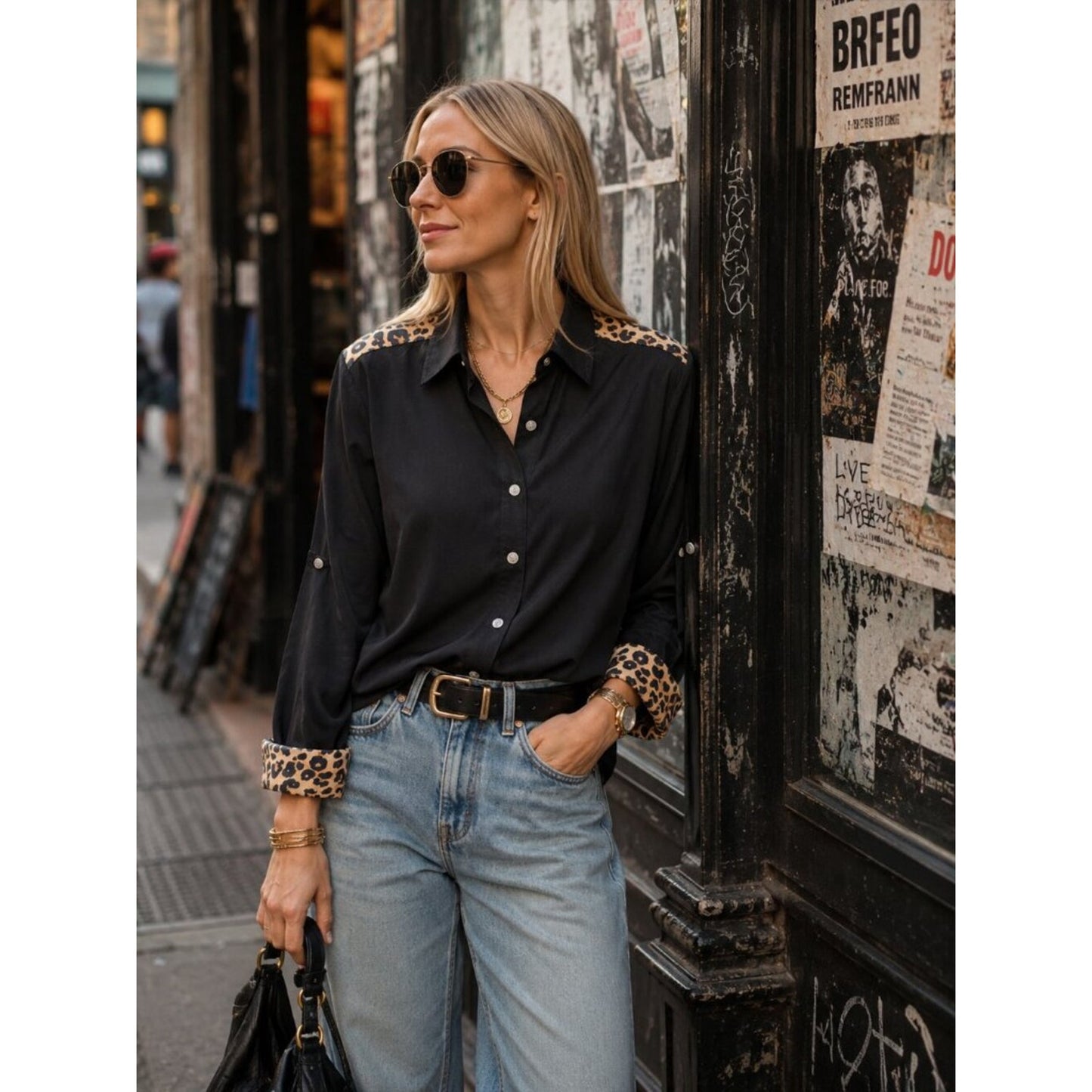 L&B Black Button-Down Shirt with Leopard Trim Accents