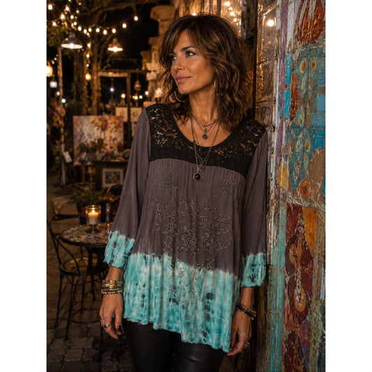 Women's Lace Yoke Dip-Dye Top in Brown and Teal