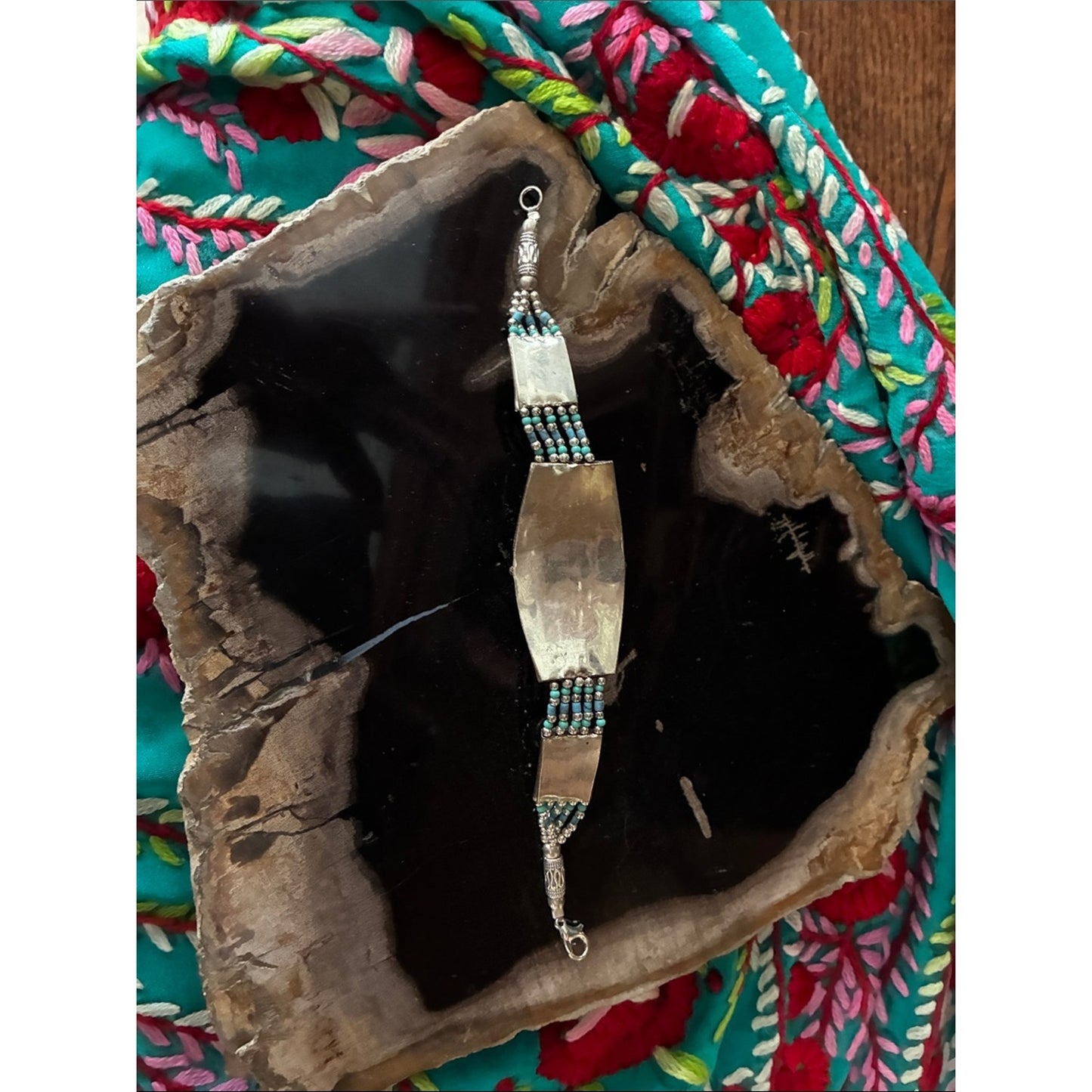 Turquoise Silver-Tone Beaded Statement Bracelet