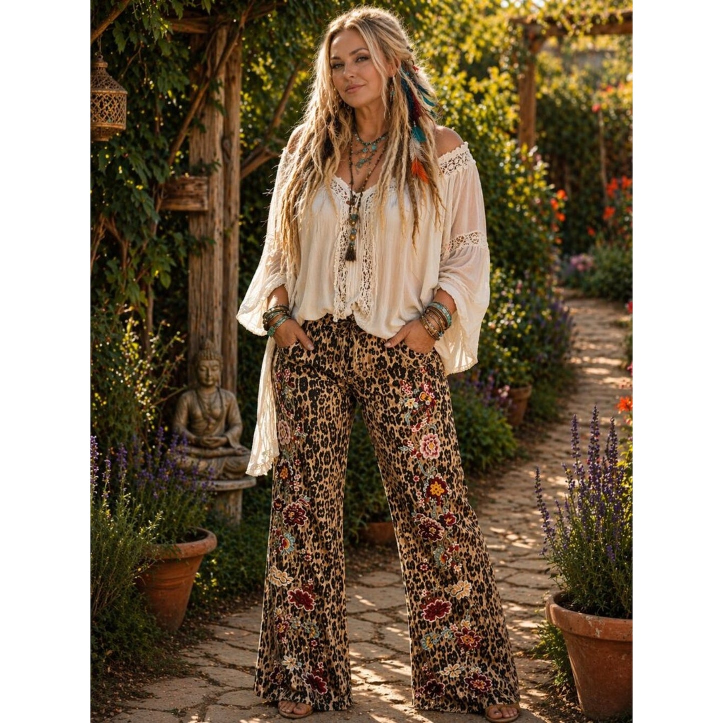 Women’s Leopard Print Boot Cut Jeans with Floral Embroidery - Khaki