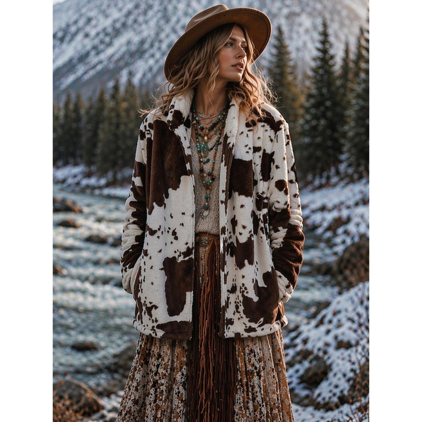 Kiss Brown and White Patterned Teddy Jacket
