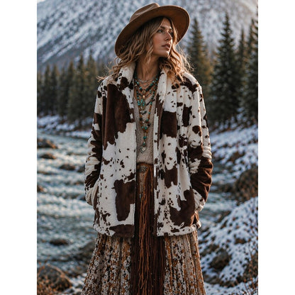 Kiss Brown and White Patterned Teddy Jacket